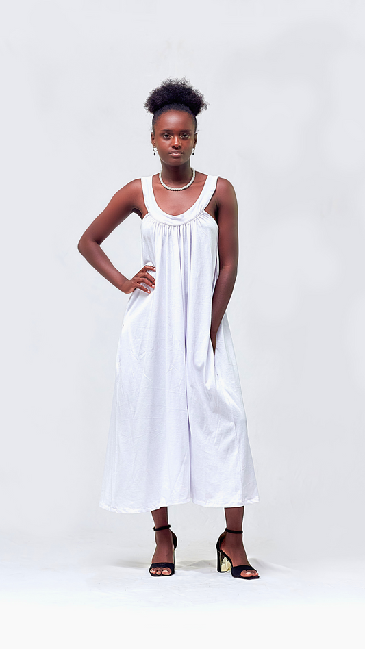 Front of White round neck sleeveless cotton dress